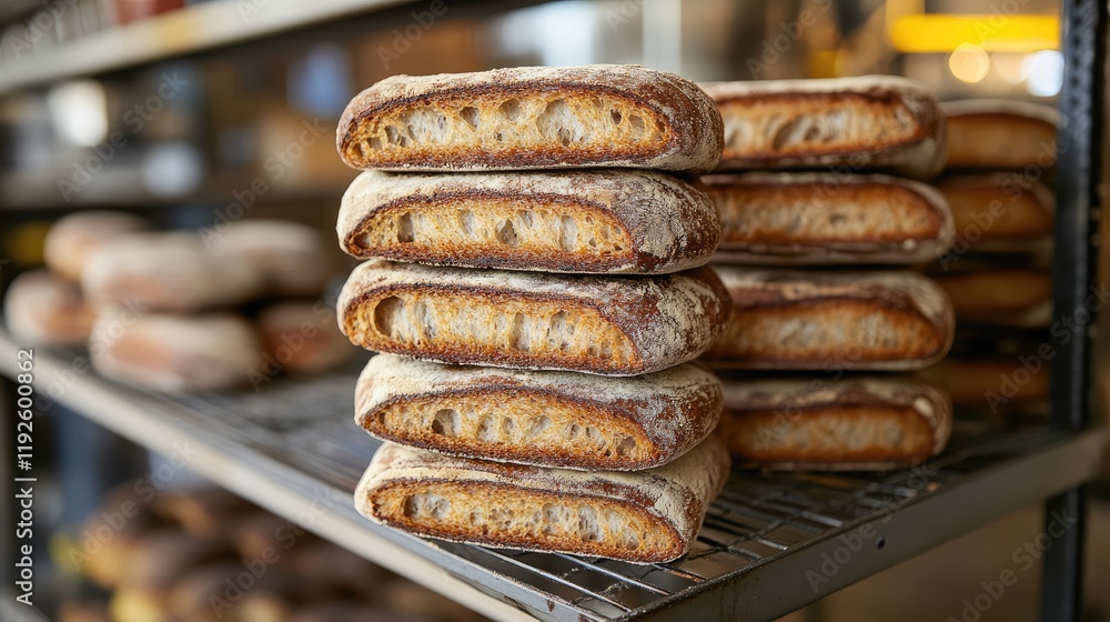 Poster Stacked slices of crunchy crust commercial wheat bread displayed on a bakery shelf showcasing texture and freshness in a rustic setting
