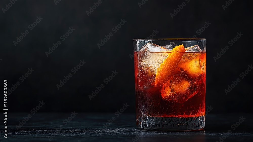 Poster Elegant cocktail with ice and orange twist on a dark background showcasing contrasting colors and textures in a sophisticated setting