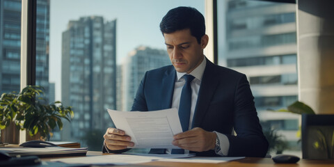 Fototapeta premium focused banking professional in formal attire reviews documents in modern office with city view. His concentration reflects importance of his work