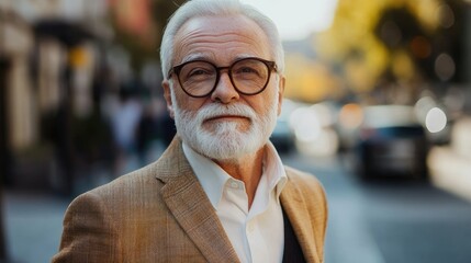 Fototapeta premium Elderly man in stylish suit and glasses posing confidently on a vibrant city street during daylight, exuding sophistication and charm