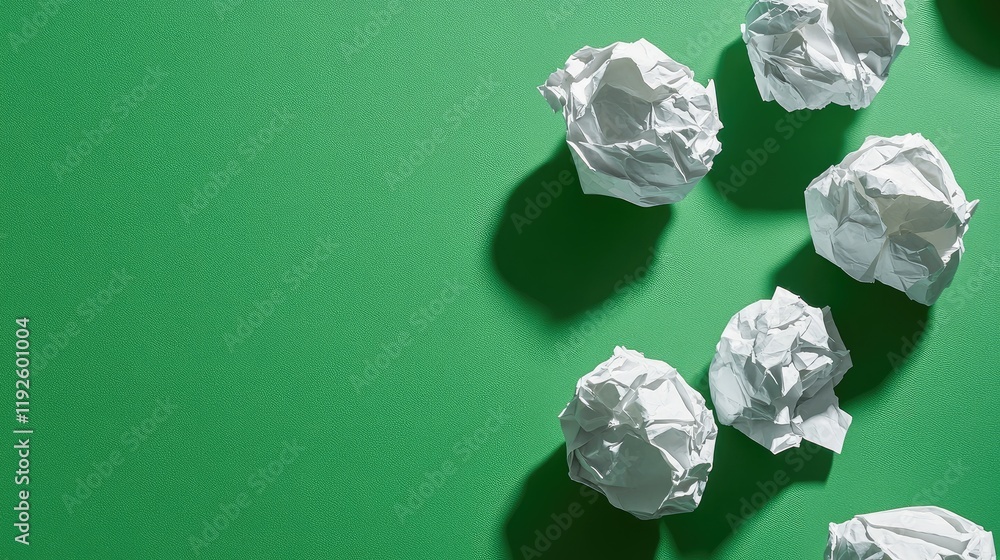 Poster Crumpled white paper balls scattered on a bright green background creating a contrast in texture and color for creative designs.