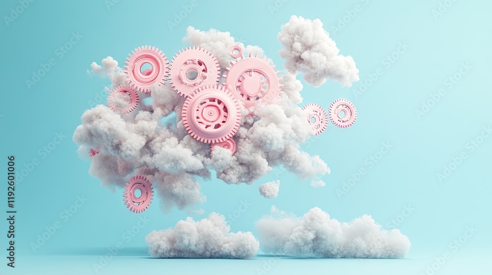 Poster a soft and futuristic representation of pink gears mingling with clouds, floating effortlessly on a 