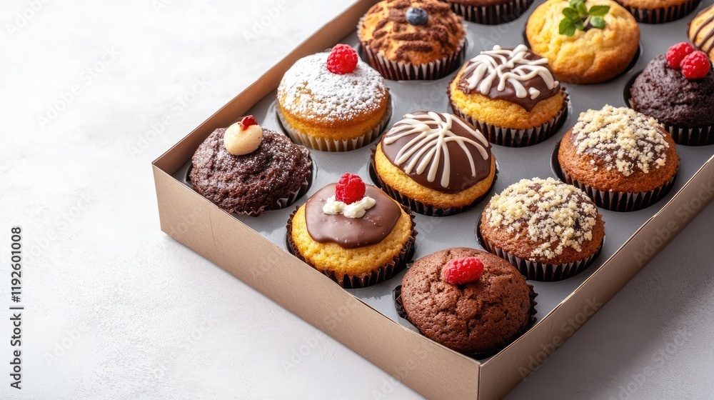 Aufkleber assorted homemade muffins in a box on a white background with ample copy space for text or promotion
