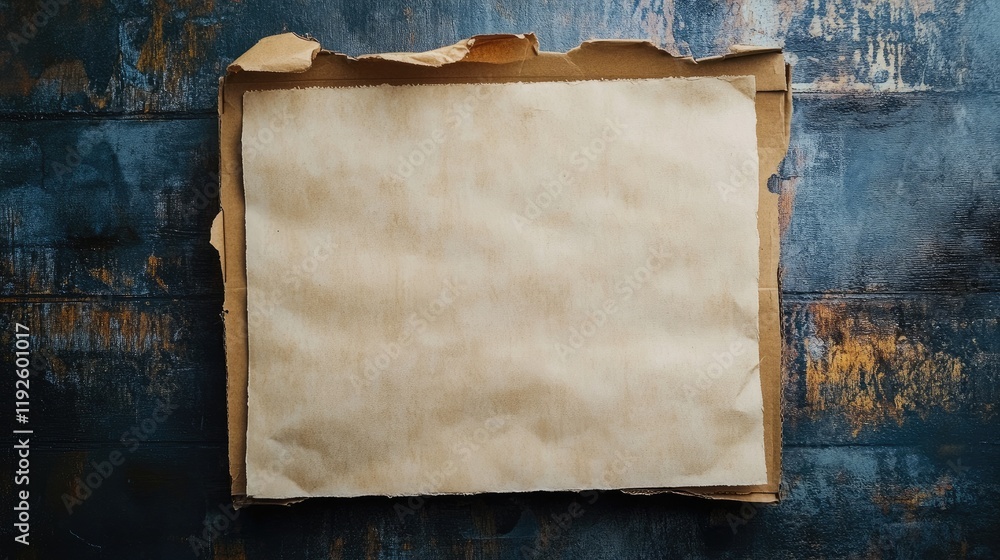Poster cardboard box with an empty sheet of paper on a rustic wooden surface for creative presentations or 