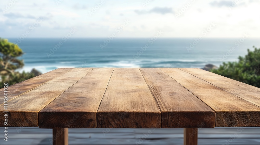 Aufkleber scenic ocean view with empty rustic wooden table for minimalist design and relaxation concepts