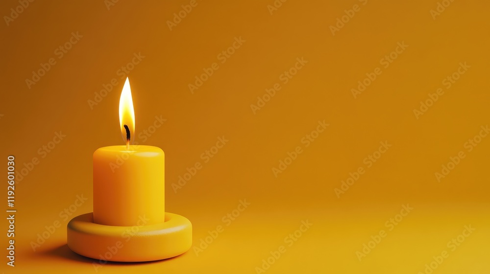 Poster yellow candle with flame on round base against a solid yellow background symbolizing warmth tranquil