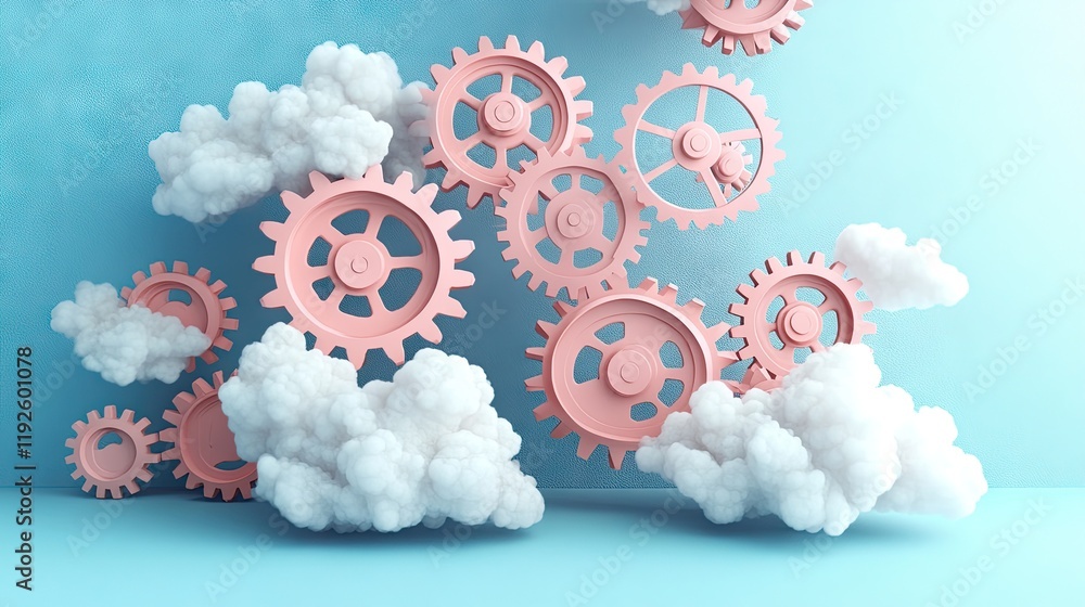 Poster a soft and futuristic representation of pink gears mingling with clouds, floating effortlessly on a 