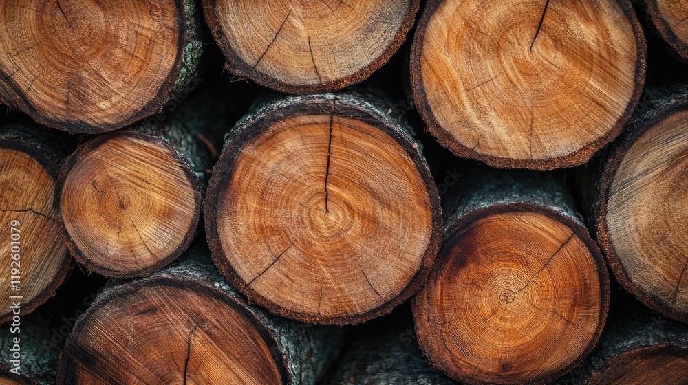 Poster cross sectional view of stacked wooden logs showcasing natural grain and texture patterns in a rusti