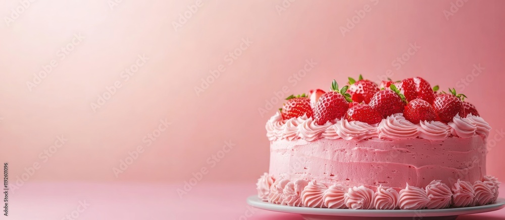 Poster Strawberry birthday cake adorned with fresh strawberries on a colorful background with space for personalized text or messages.