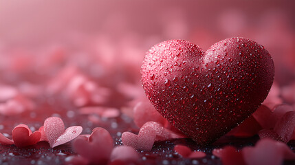 Fototapeta premium Romantic Valentine's Day Background with Dewy Red Heart and Petals