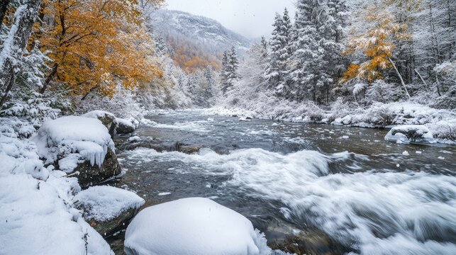 Rushing river with snow and ice surrounded by autumn foliage and winter landscapes in a serene natural setting