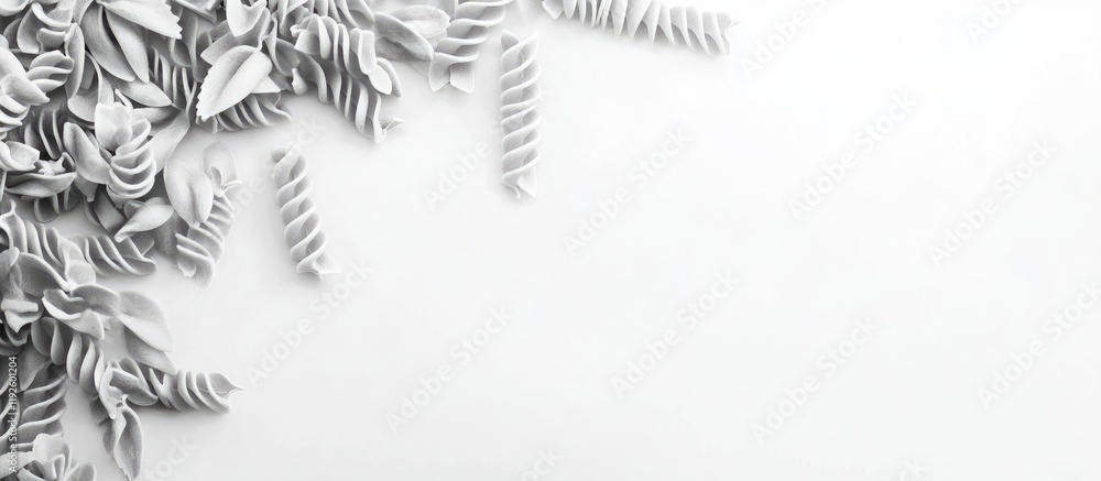 Poster corkscrew pasta on a white background with ample space for text showcasing versatility in food prese