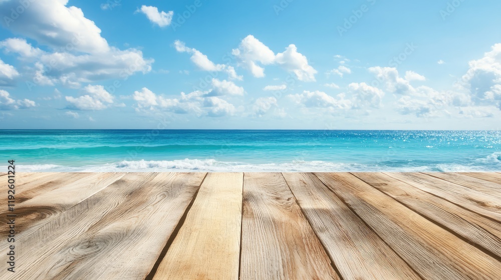 Poster empty wooden tabletop overlooking a serene ocean and beach view with clear blue skies and soft cloud
