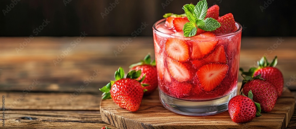 Poster refreshing strawberry cocktail garnished with mint on wooden board creating inviting ambiance with s