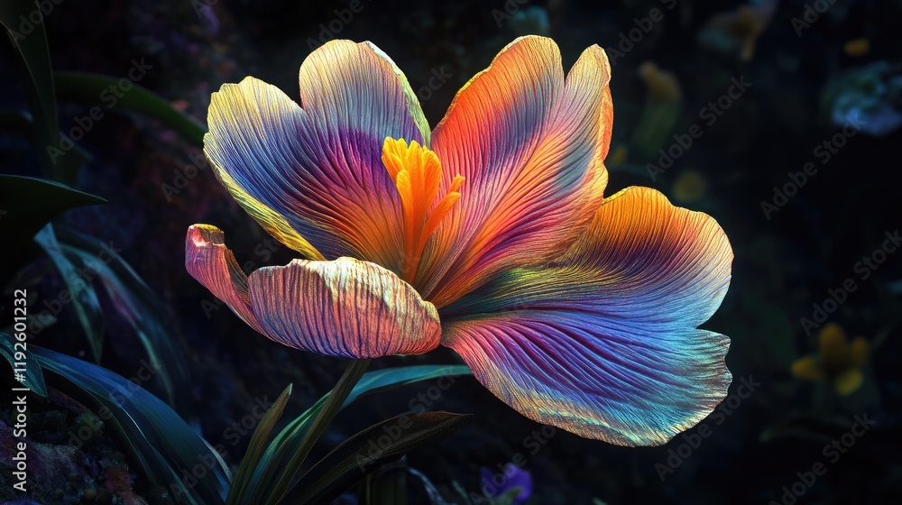 Poster multicolored crocus flower with vibrant iridescent petals illuminated against a dark natural backgro