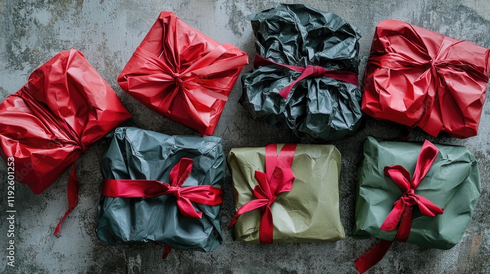 Poster crumpled festive gift boxes wrapped in colorful paper and adorned with vibrant red ribbons on a text