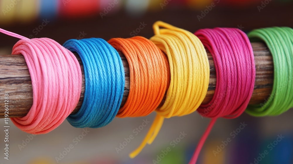 Poster vibrant collection of colorful ribbons neatly arranged on a rustic wooden pole