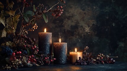 Elegant candles illuminated on a dark atmospheric background surrounded by autumn foliage and berries creating a serene ambiance.