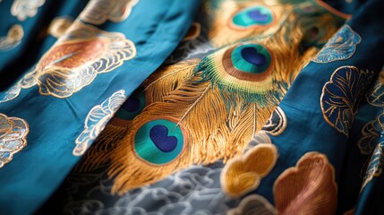 Fototapeta premium Peacock feather inspired colorful robe flat lay showcasing intricate embroidery and vibrant textures