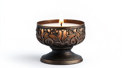 Vintage decorative candle holder with intricate design featuring a burning candle on a white background for elegant home decor.