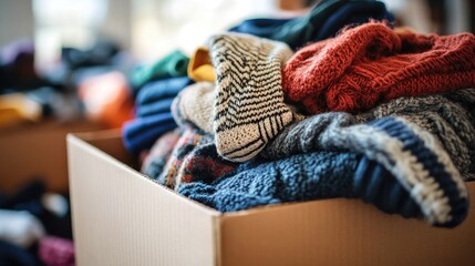 Cardboard box overflowing with colorful knitted sweaters and socks ready for donation at community center for clothing drive