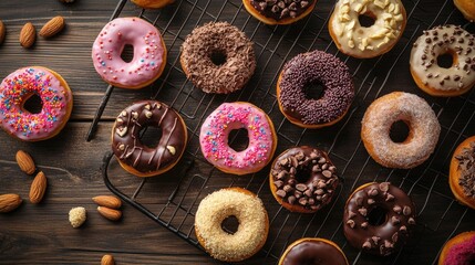 Colorful Assorted Donuts with Sprinkles on a Cooling Rack Surrounded by Nuts and Cinnamon with a Rustic Wooden Background