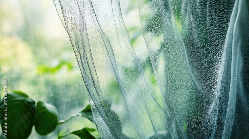 Aufkleber Close up of delicate window netting mesh with blurred green vegetation in the background creating a serene and natural atmosphere