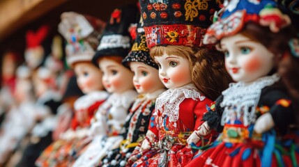 Fototapeta premium Traditional folk costume dolls displayed for sale at a cultural fair showcasing craftsmanship and heritage in vibrant colors.