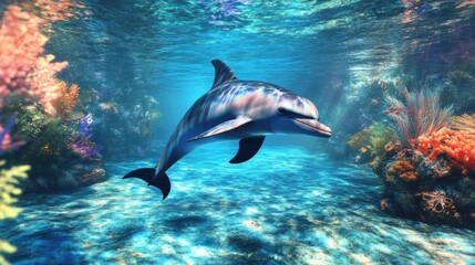 Fototapeta premium Dolphin swimming gracefully in clear tropical ocean surrounded by vibrant coral reefs and colorful marine life