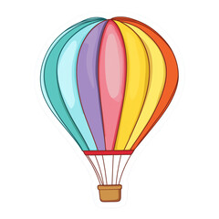 Fototapeta premium Sticker, a 2D colorful hot air balloon floating, bold white outline on a light sky blue solid background
