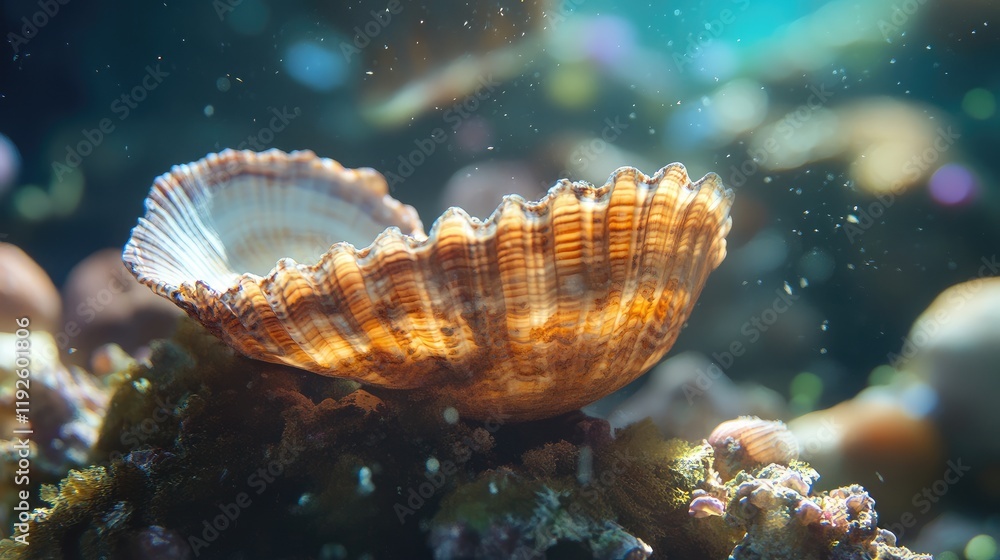 Poster underwater clam shell resting on vibrant coral reef with soft sunlight filtering through the water c