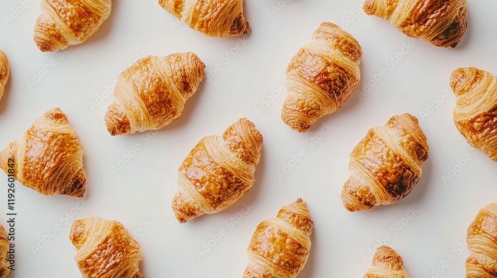 Poster crispy golden croissants arranged on a white background creating a delicious and inviting bakery scene