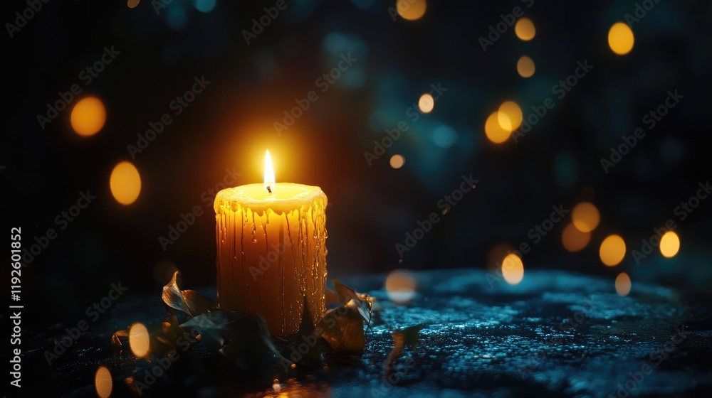 Poster warm candle glow illuminating a dark background with soft bokeh highlights, creating a serene and ca