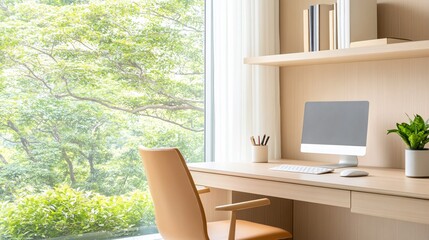 Fototapeta premium Modern workspace featuring a computer, chair, and greenery outside the window.