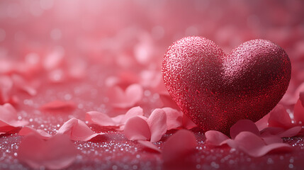 Obraz premium Romantic Valentine's Day Background with Dewy Red Heart and Petals