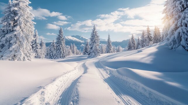 Winter landscape with snow-covered trees and groomed cross country ski trail under a bright blue sky and soft sunlight in a serene setting