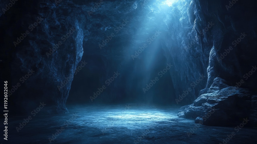 Poster mysterious dark cave ambiance with ethereal glowing light illuminating a tranquil and empty undergro