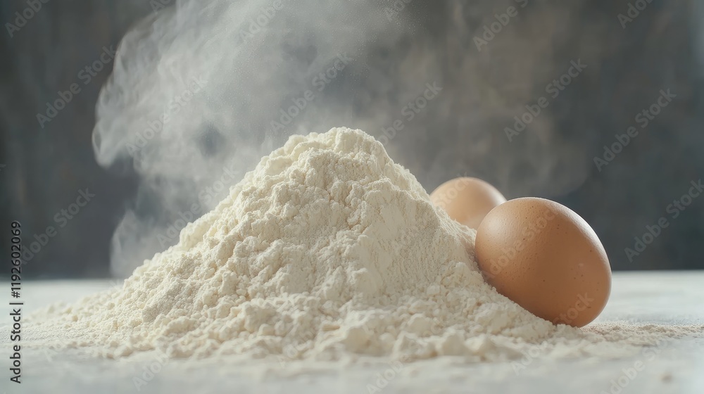 Aufkleber ingredients for baking with flour and eggs on a table surrounded by steam and empty space for text o