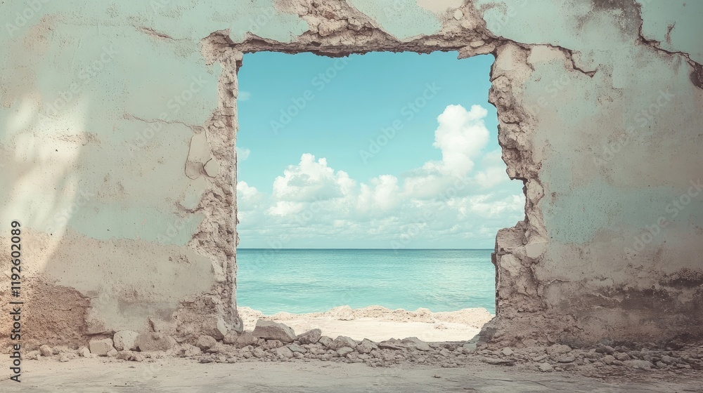 Poster crumbling wall framing serene ocean view under bright sky with whimsical clouds and calming seascape