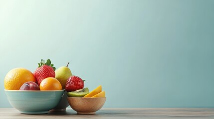 Healthy vibrant bowls of fresh fruits and vegetables on a wooden table with light blue background featuring empty space for text or branding