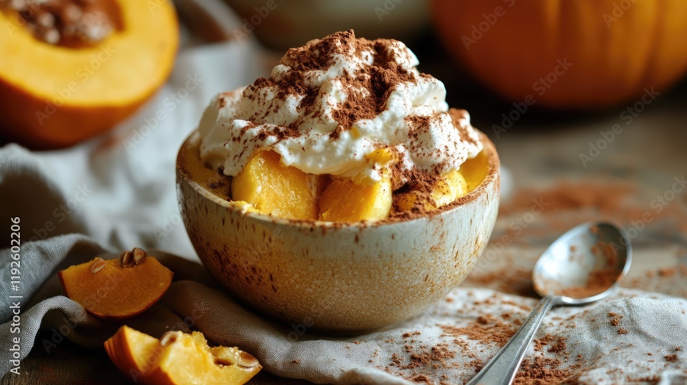 Poster winter squash and spiced tiramisu dessert with whipped cream and spoon on rustic table with squash s