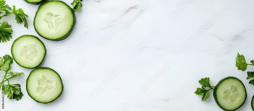Poster fresh cucumber slices and herbs arranged on a white marble background with ample space for text or d