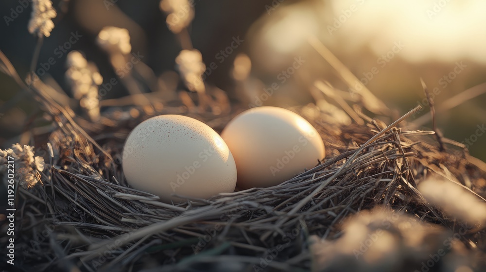 Poster farm fresh eggs nestled in natural rustic setting with soft light and surrounding flora