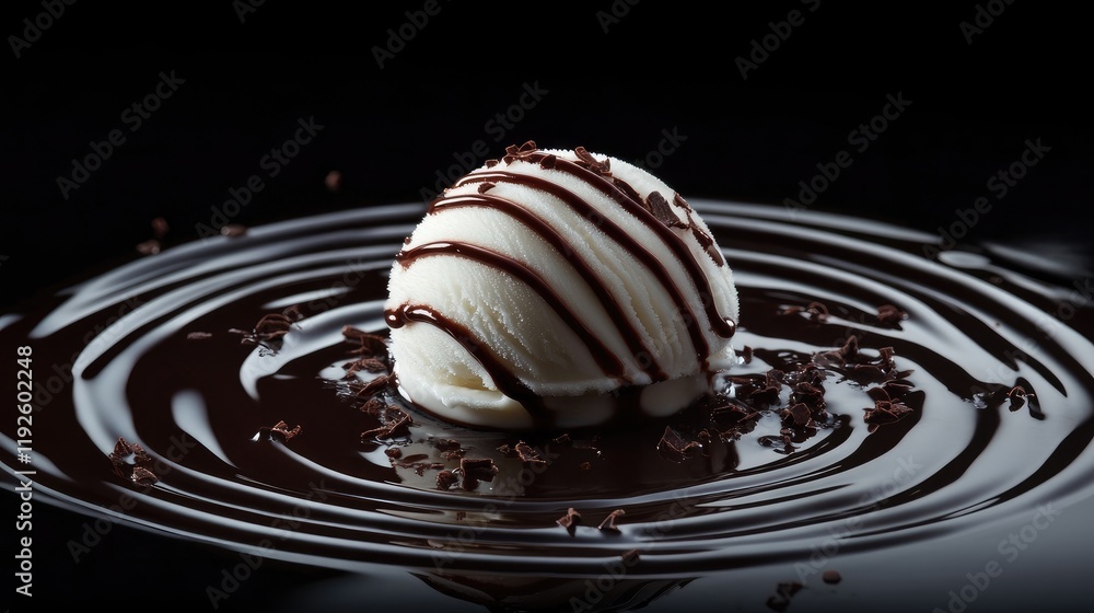 Aufkleber vanilla ice cream ball drizzled with rich chocolate sauce on a dark reflective surface creating an e