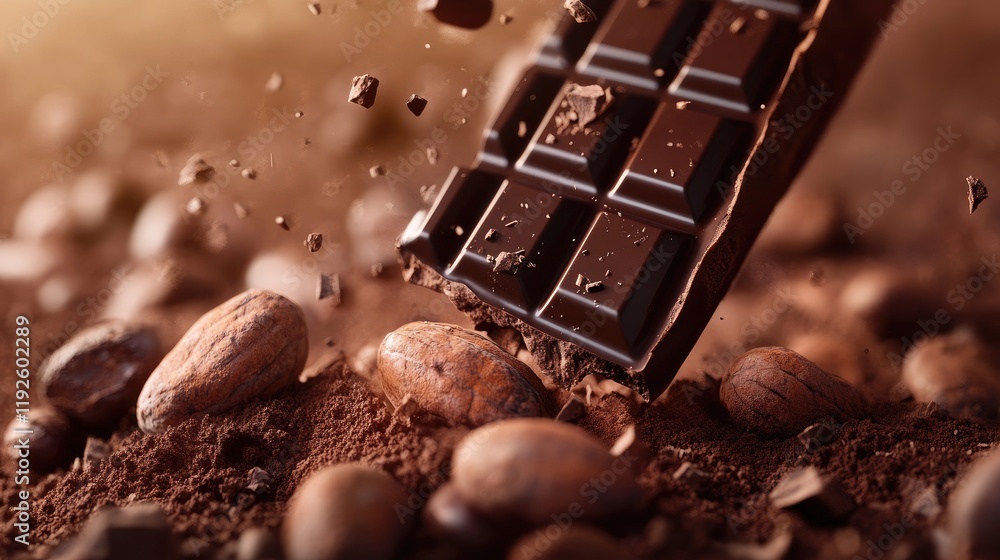 Poster cocoa beans and chocolate bar create an enticing display of chocolate's origins showcasing rich flav