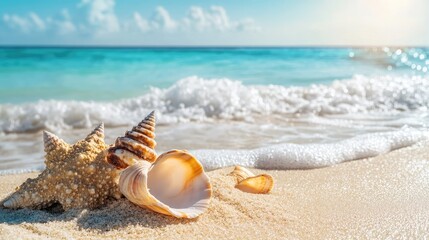 Serene beach scene featuring seashells on golden sand with gentle ocean waves and sunlight illuminating the tranquil shoreline.
