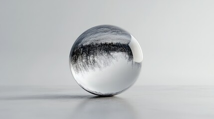Crystal ball showcasing a forest reflection placed on a smooth gray surface for mystical and artistic themes