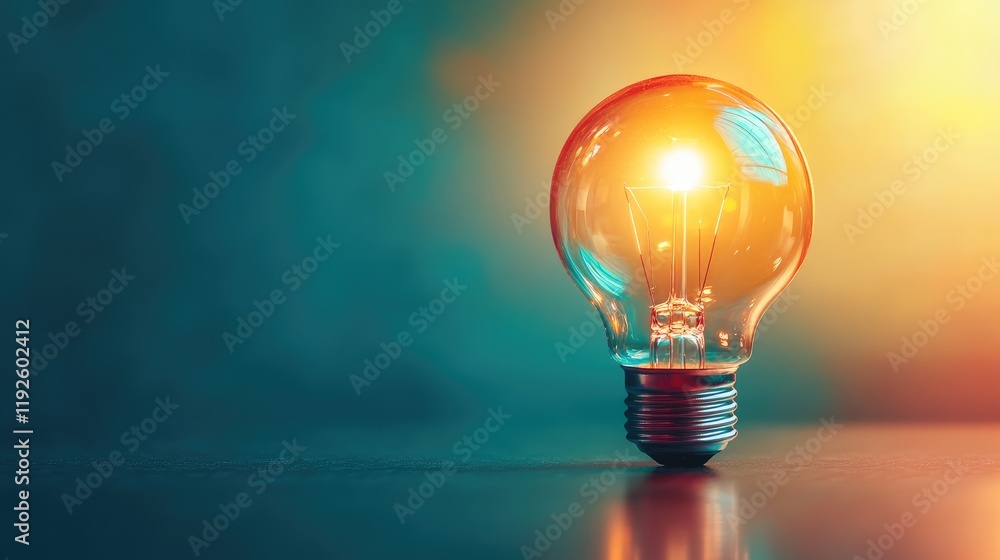 Poster light bulb glowing on a dark surface representing innovation and business success with copy space fo