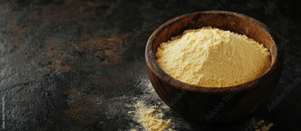 Poster Corn Flour in Rustic Wooden Bowl on Dark Background with Space for Custom Text or Branding