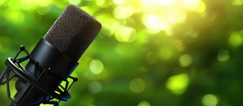Close up of a microphone against a soft blurred green background with room for text and creative audio production concepts